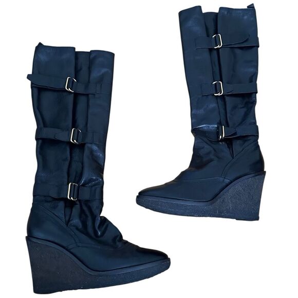 Saint Laurent YSL Vintage Tall Leather Buckle Wedge Boots Size 39/9 Black - Picture 1 of 8